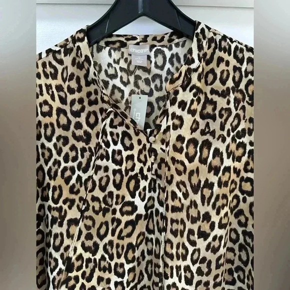 Chico Leopard-Print Long Sleeve Dress Button Tie Closure Size 0 - Picture 6 of 9